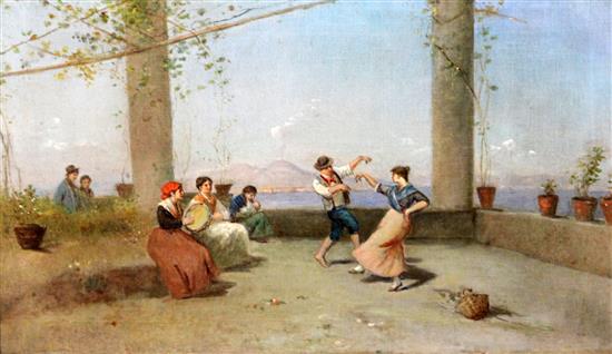 Late 19th century Italian School Figures dancing on a terrace overlooking the bay of Naples 13.5 x 23.5in.